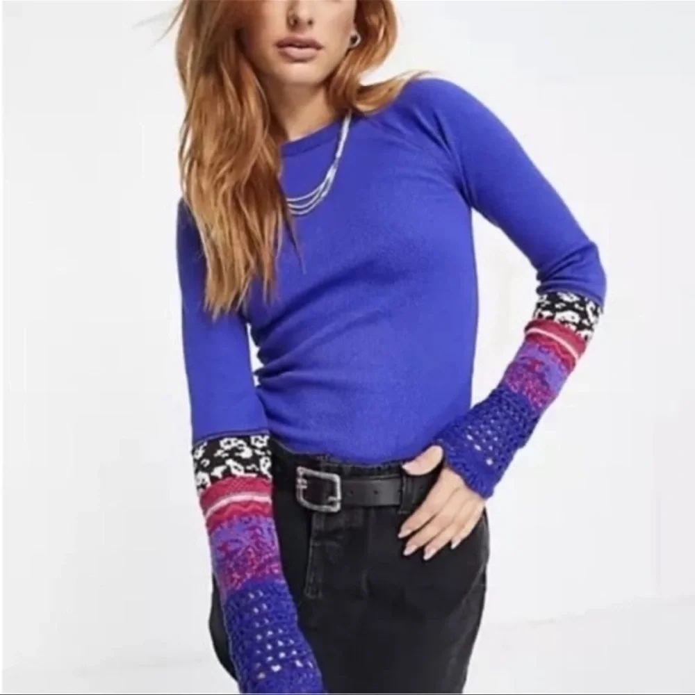 Free people In The Mix cuff crochet knit top thermal super nova blue boho XS